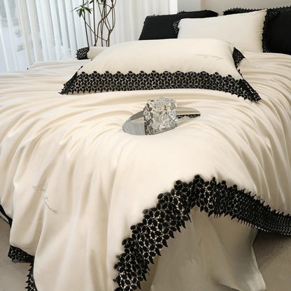 Luxus Baumwoll-Satin Bettbezug Set mit Spitze Applikation und gewelltem Rand