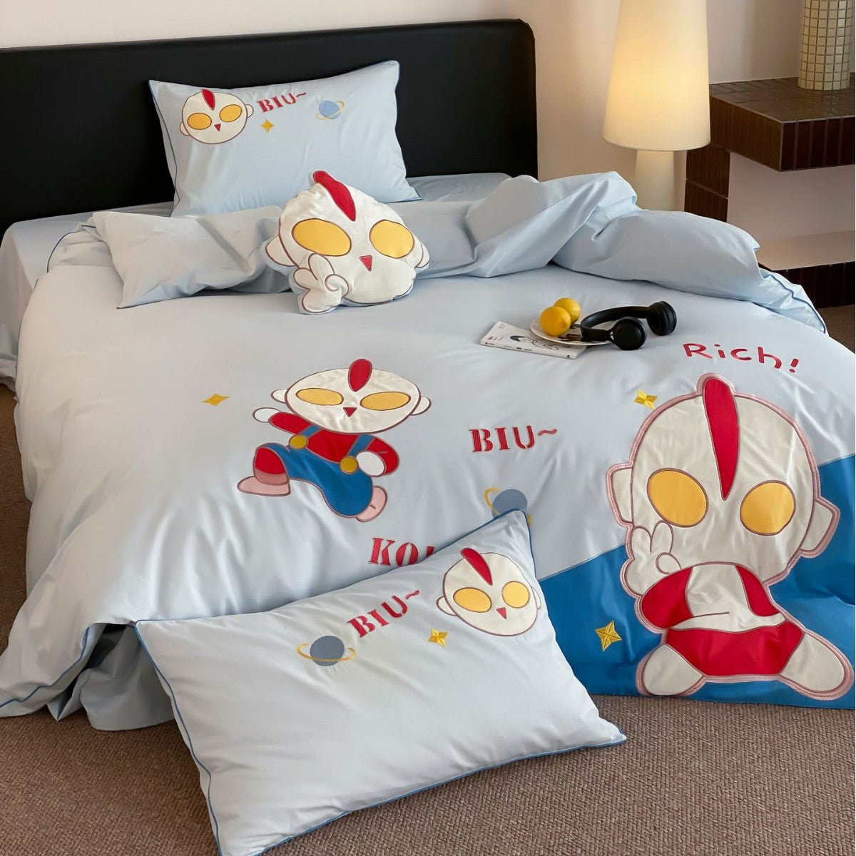 Kinder Cartoon Grafik Baumwoll-Satin Bettbezug Set mit Paspel Kissenbezügen