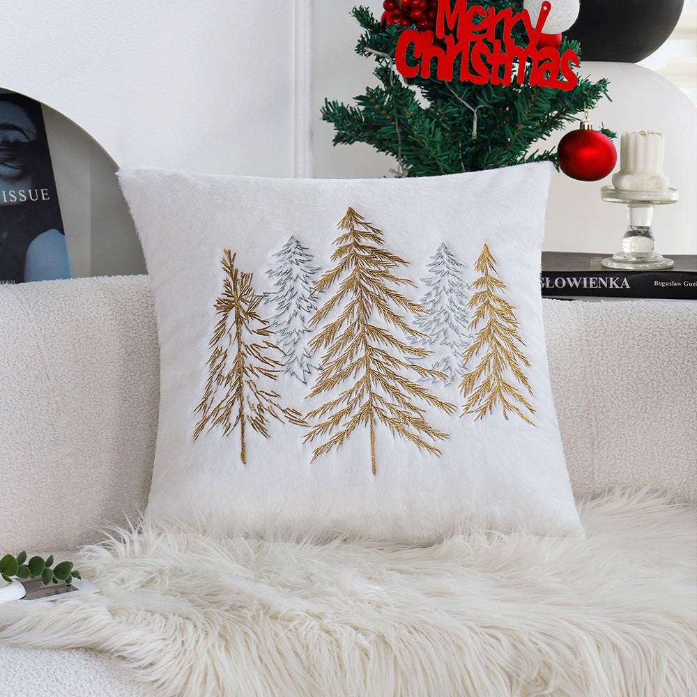 Quadratischer Zierkissenbezug aus Kunstfell mit gesticktem Tannenbaum‑Motiv Brehn