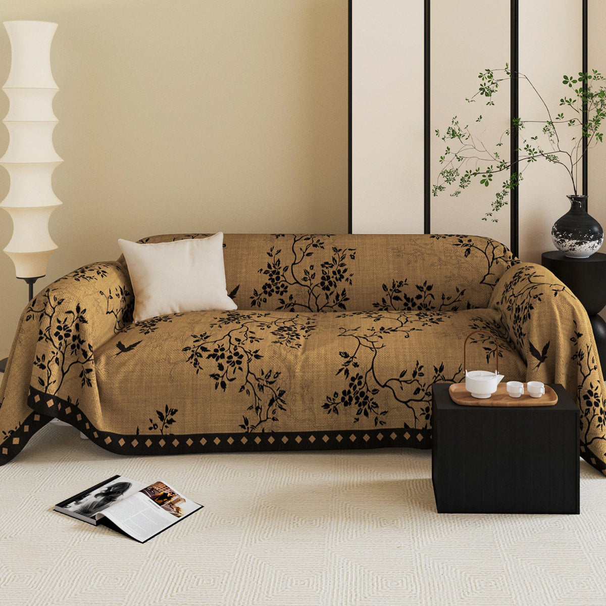 Reversible Jacquard Botanical Sofa Throw Slipcover with Anti-Slip Hem