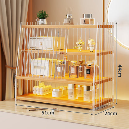 Mehrerebenen-Acryl-Parfüm- und Make-up-Displayregal mit schiebbaren Türchen mit goldenen Verzierungen
