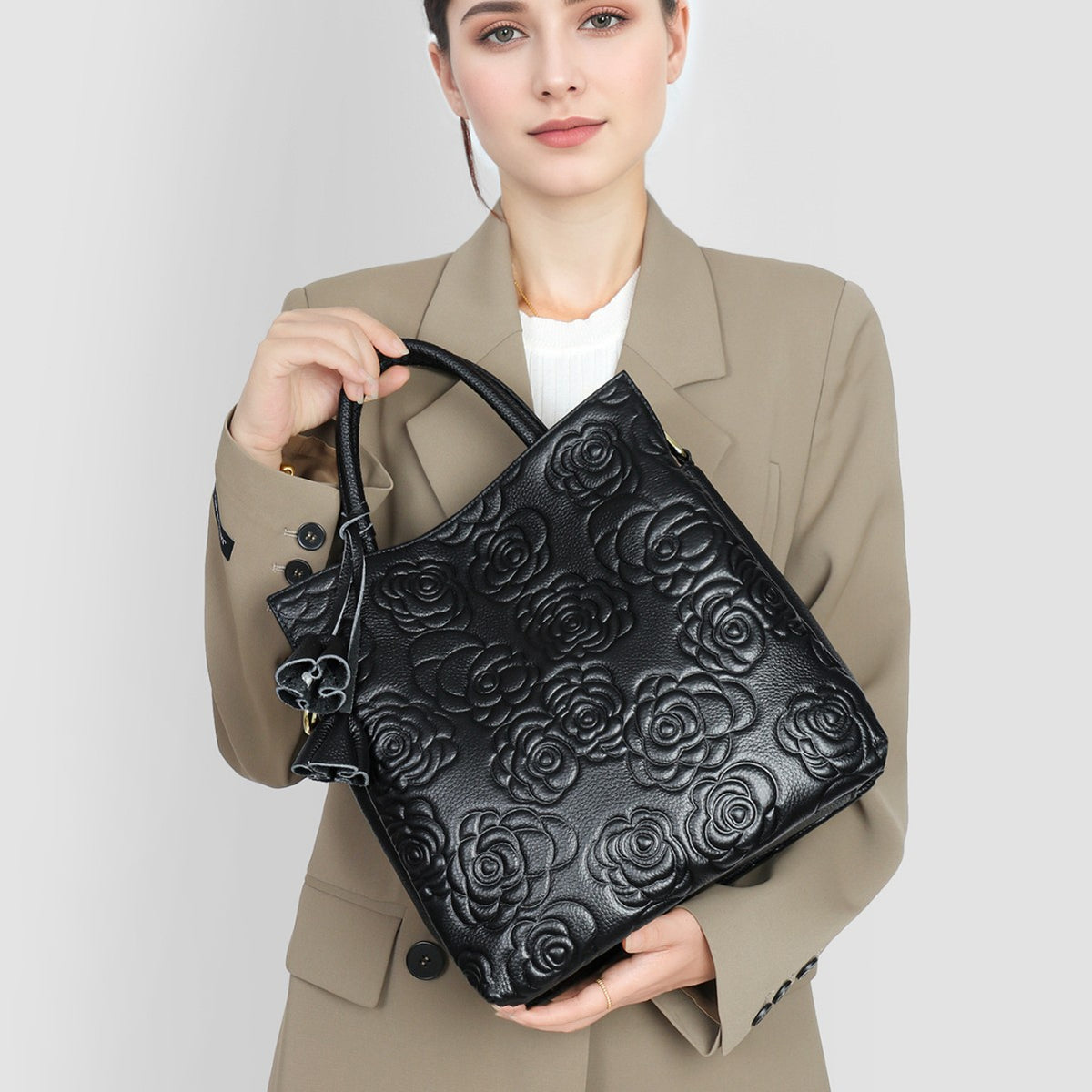 Prägte Blumen-Leder-Tote-Bag mit abnehmbarem Riemen