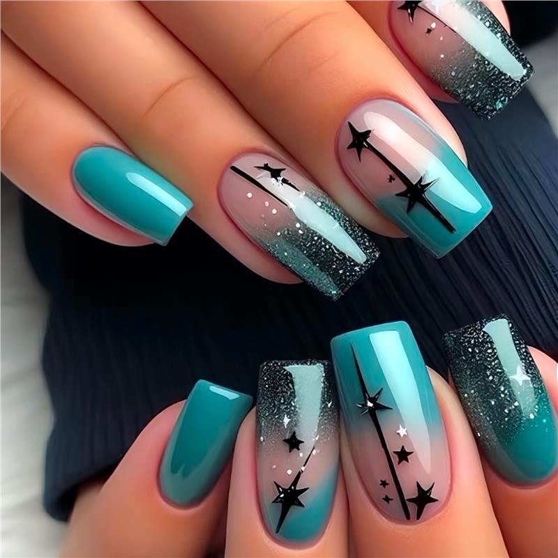 Künstlerisches Gradient Press-On Nagelset mit Stern Design Brehn