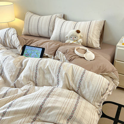 Gestreiftes Vintage Blumen Baumwoll-Percale Bettbezug Set