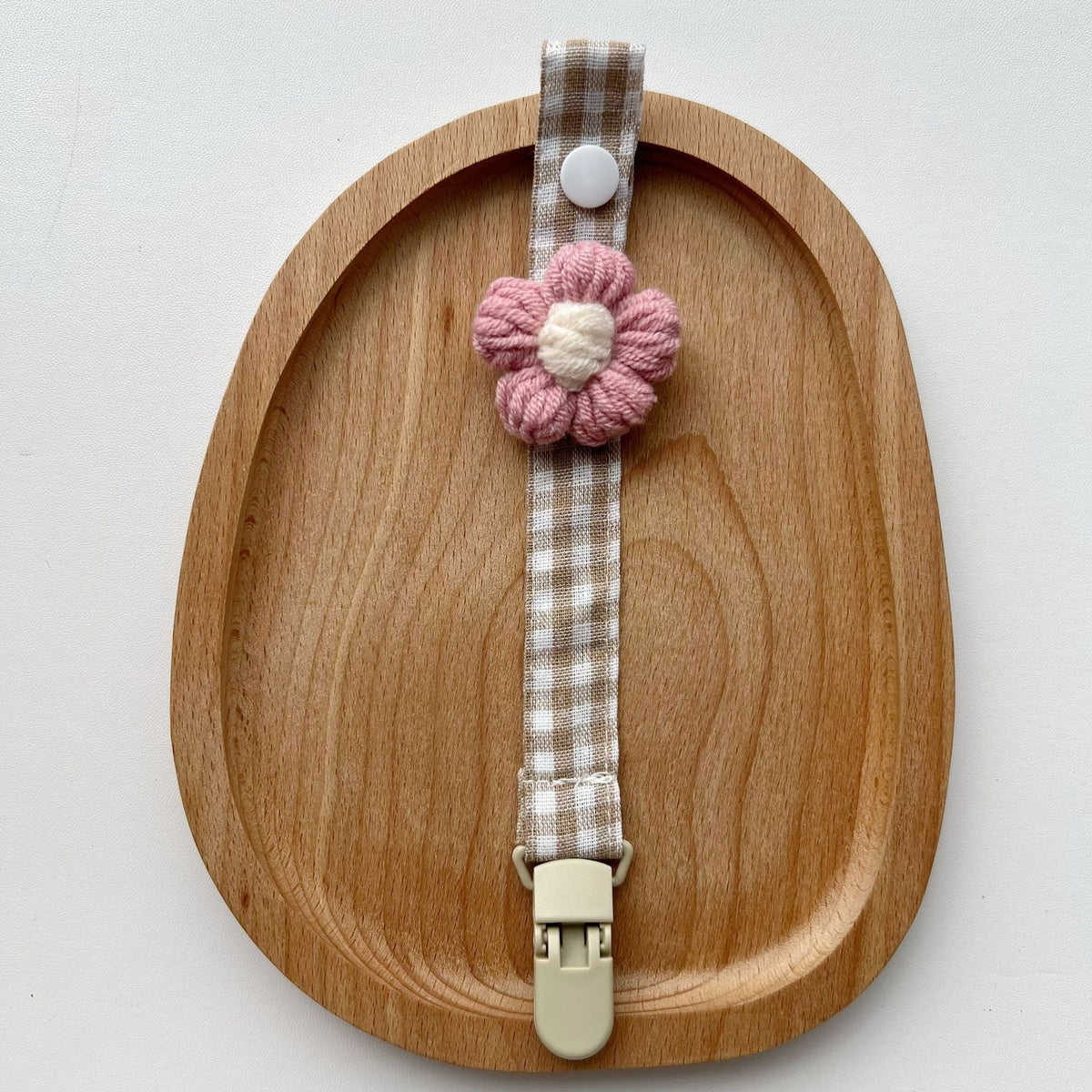Gingham Leinen-Stil Häkelblumen Schnuller und Beißring Clip