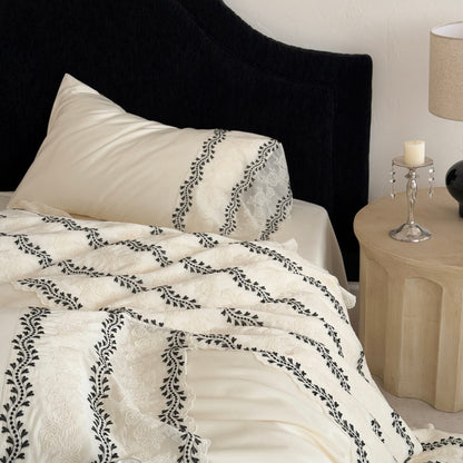 Baumwoll-Satin Bestickte Wellig Spitzen Bettbezug Set
