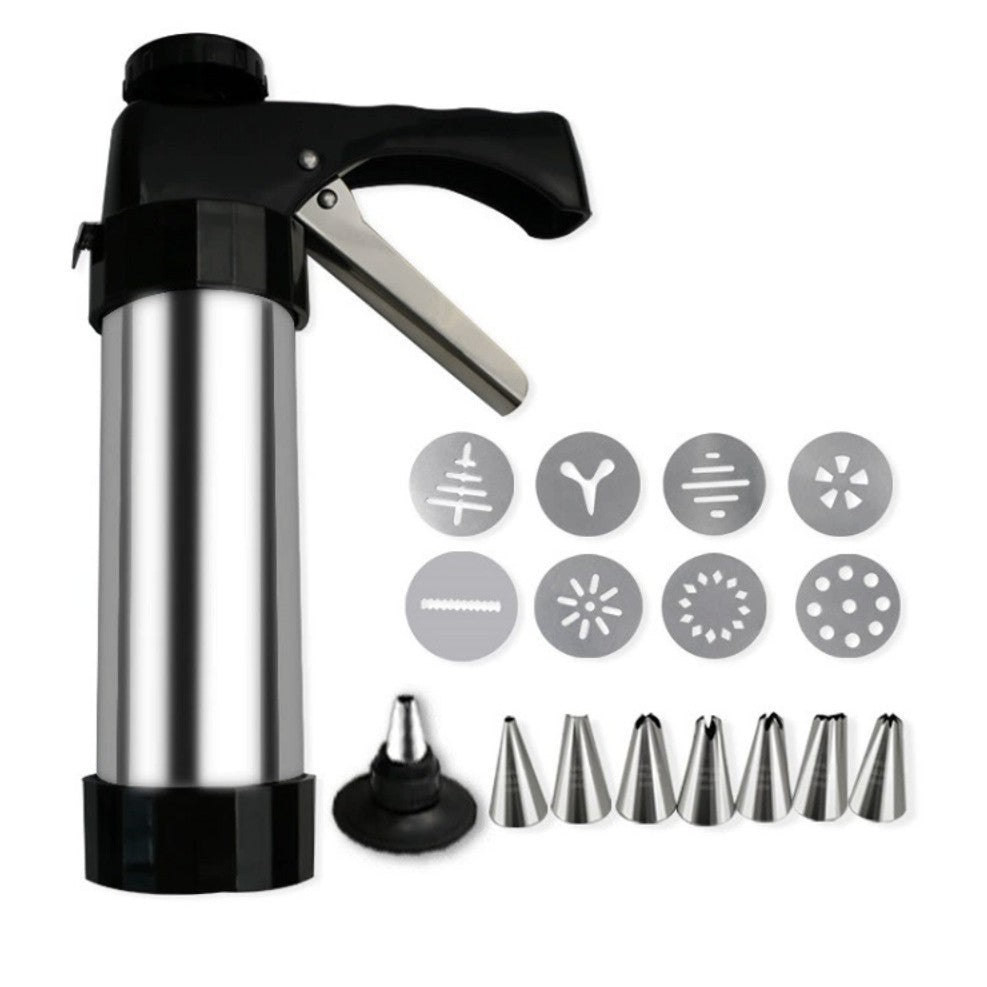 Trigger-Action Stainless Cookie Decorating Press and Icing Gun with Interchangeable Stainless Nozzles and Decorative Discs