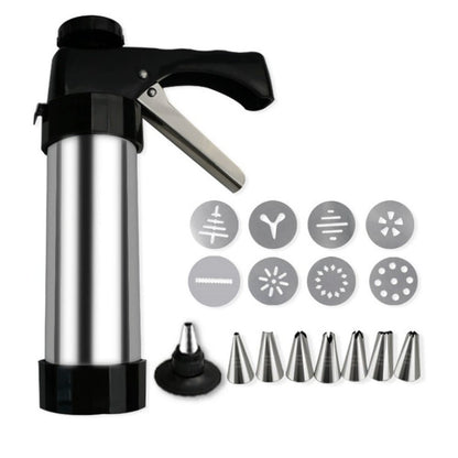 Trigger-Action Stainless Cookie Decorating Press and Icing Gun with Interchangeable Stainless Nozzles and Decorative Discs