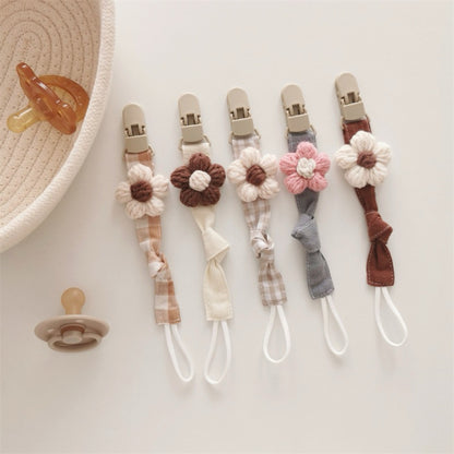 Bio-Baumwolle Schnuller-Leine mit Schnellverschluss-Clip und handgestrickter Blume