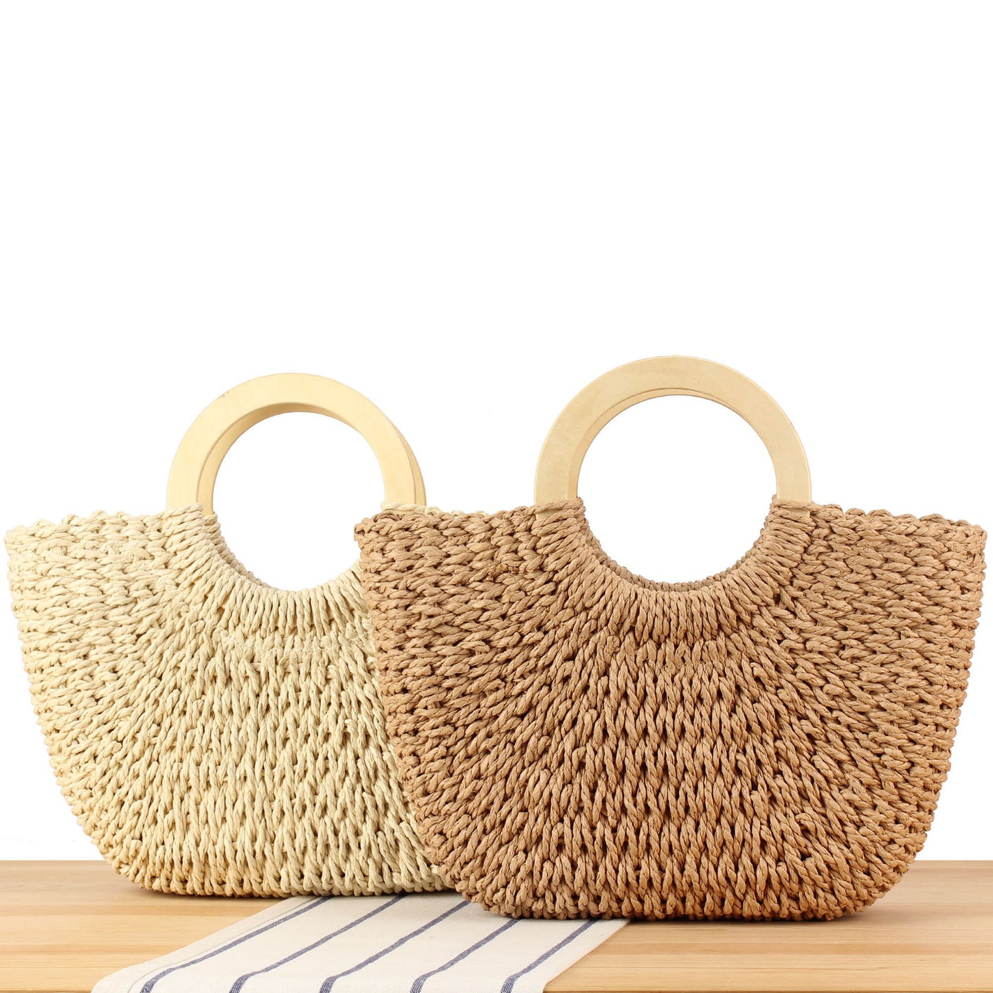 Designer Tasche Aus Handgearbeitetem Korbgeflecht mit Holzgriff Brehn