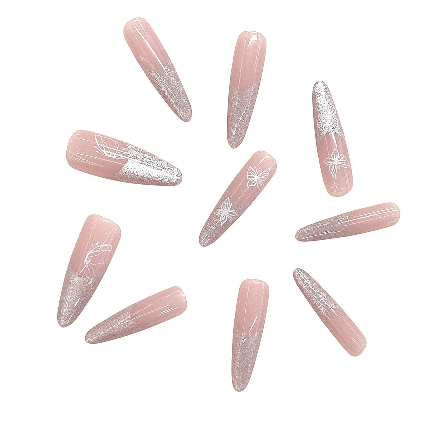 Ausgefallene Glitzer Ombre Press-On Nägel mit künstlerischem Schmetterlingsdesign Brehn