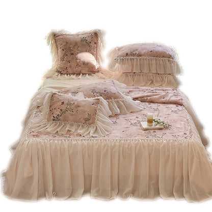 Luxuriöse Rüschen-Bettwäschegarnitur aus Baumwollmischgewebe mit Vintage-Blumenprint und dekorativem Bettrock