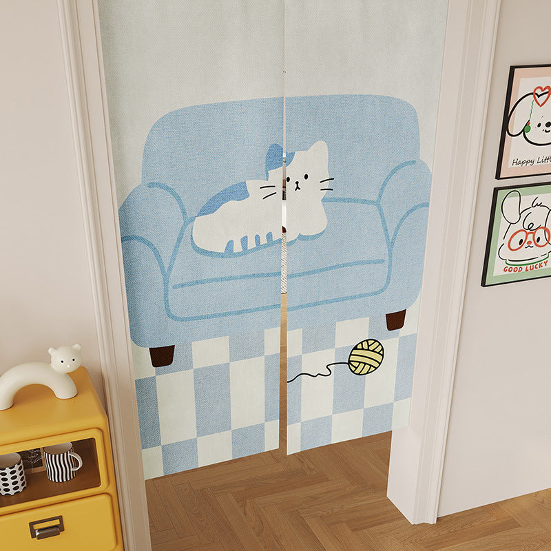 Split Noren Doorway Curtain with Cat-on-Sofa Illustration and Playful Yarn Motif