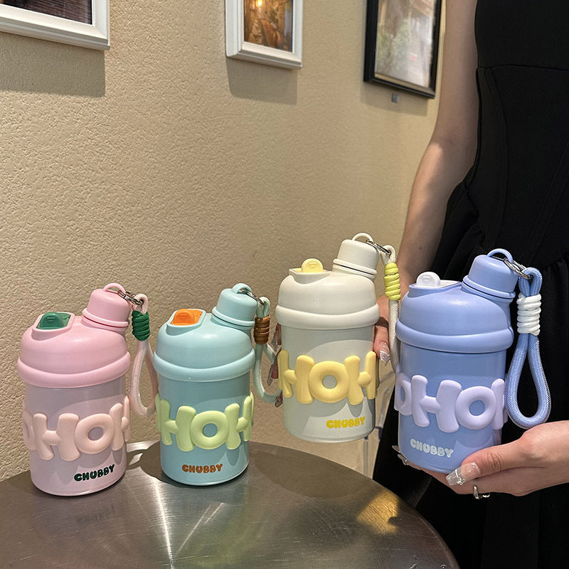 Damen isolierte Wasserflasche mit ergonomischem Tragegriff und fröhlichem Motiv Brehn