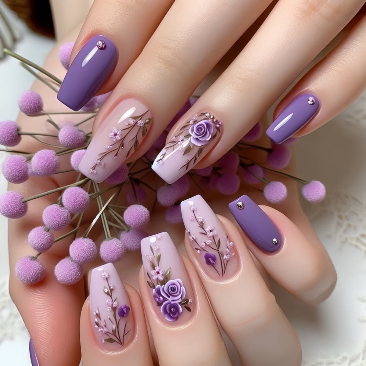 Elegante Floral 3D Press-On Nagelverlängerungen Brehn