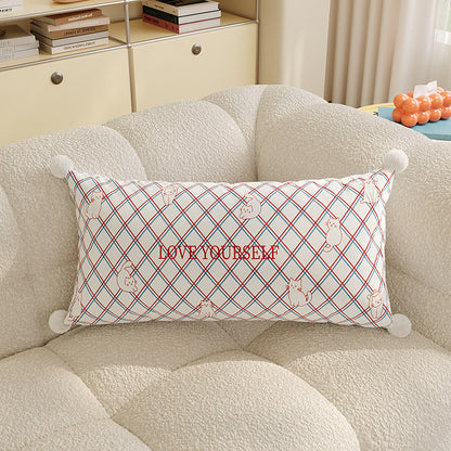Rectangular Argyle-Pattern Lumbar Pillow Cover with Embroidered Slogan, Cat Motifs and Pom-Pom Corners