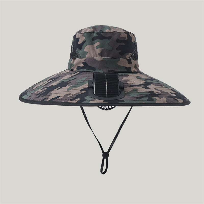Breite-Krempe Outdoor Sonnenhut mit solarbetriebenem Mikroventilator, atmungsaktivem Mesh und verstellbarem Kinnriemen Brehn