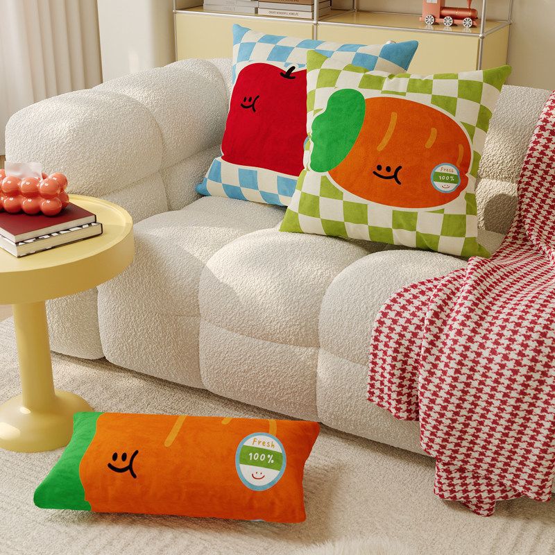 Plush Square Decorative Cushion with Cartoon Carrot Print and Checkerboard Backing
