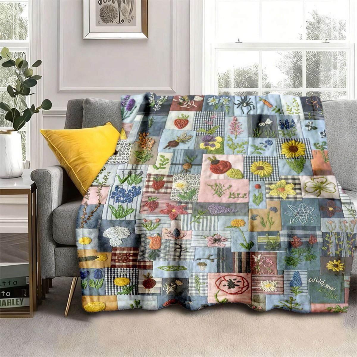 Blumen Patchwork Bestickte Wurfdecke