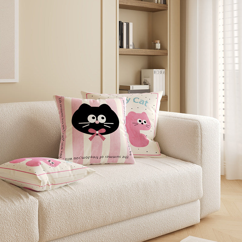 Square Decorative Throw Pillow Cover with Cute Cartoon Cat Illustration and Vertical Pink Stripe Linen-Blend