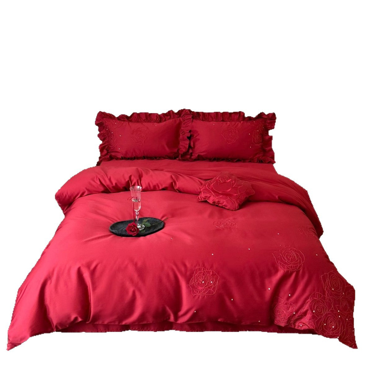 Satin-Bettwäsche-Set mit Rosenstickerei, Rüschenkissen und Dekokissen Brehn