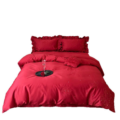 Satin-Bettwäsche-Set mit Rosenstickerei, Rüschenkissen und Dekokissen Brehn