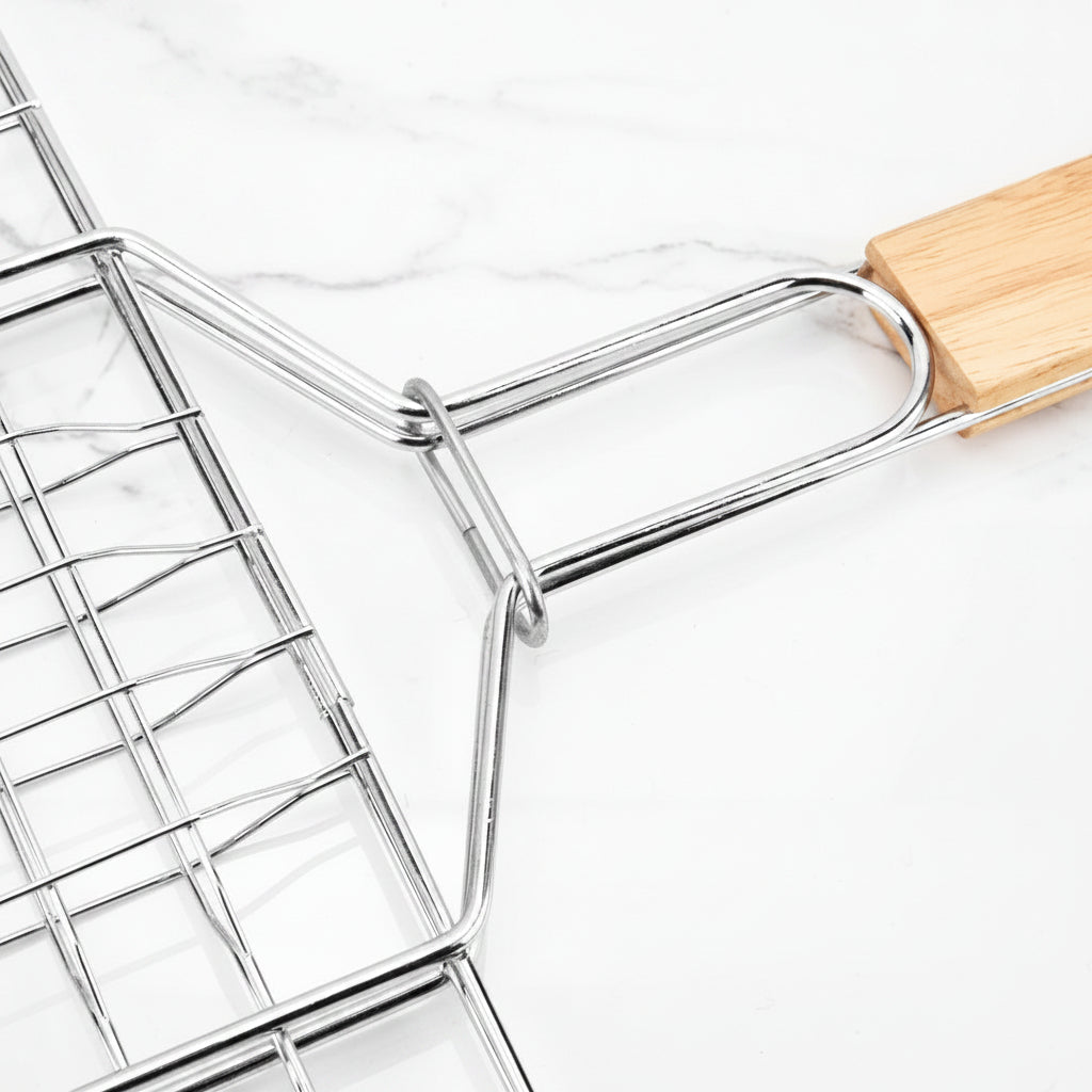 Doppeltes Edelstahl-Grillgitter mit Klappbarem Holzgriff und Sicherer Verriegelung Brehn