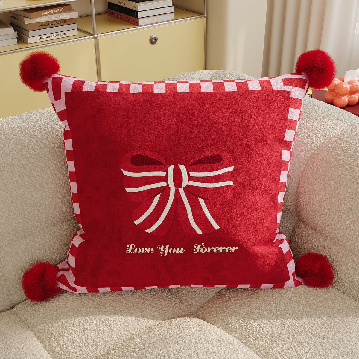 Decorative Cotton-Linen Square Throw Pillow with Pom-Pom Corners and Polka Dot Love Print