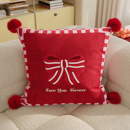 Decorative Cotton-Linen Square Throw Pillow with Pom-Pom Corners and Polka Dot Love Print