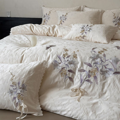 Vintage Floral Jacquard Baumwollsatin Bettbezug Set mit handgestickter Applikation & Spitzenrand