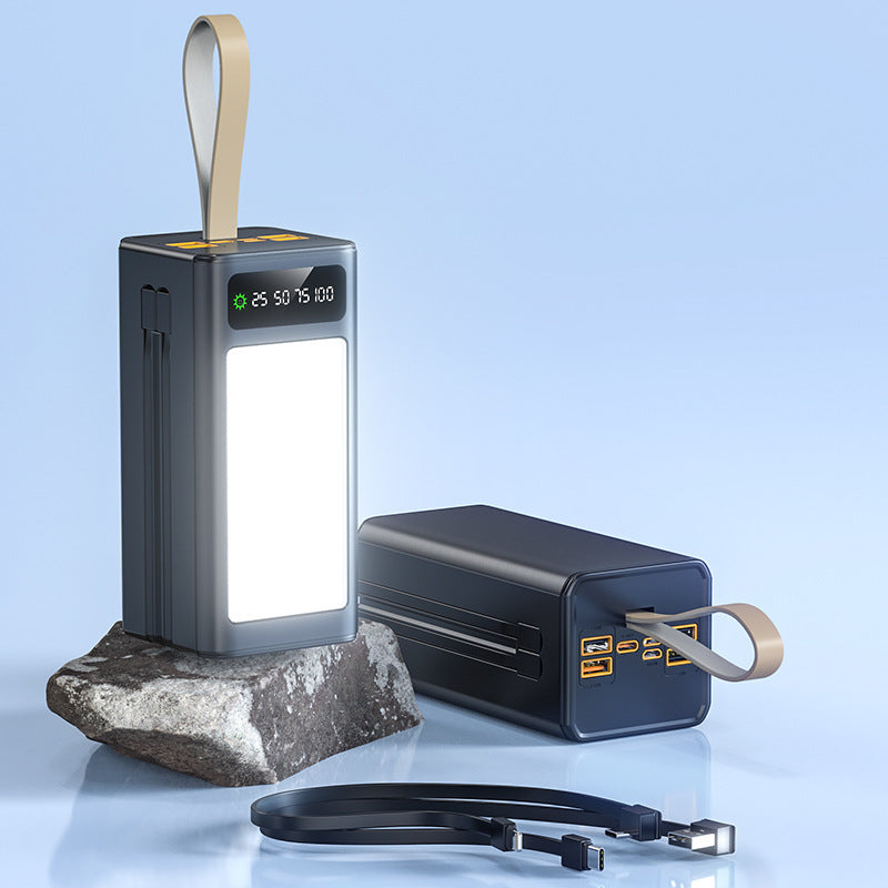 Hochmoderne Powerbank mit integrierter LED-Beleuchtung und multifunktionalem Kabelsystem Brehn