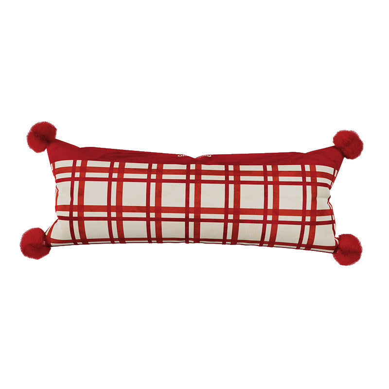 Decorative Long Lumbar Cushion Cover with Striped and Polka Dot Print and Corner Pom-Poms