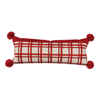 Decorative Long Lumbar Cushion Cover with Striped and Polka Dot Print and Corner Pom-Poms