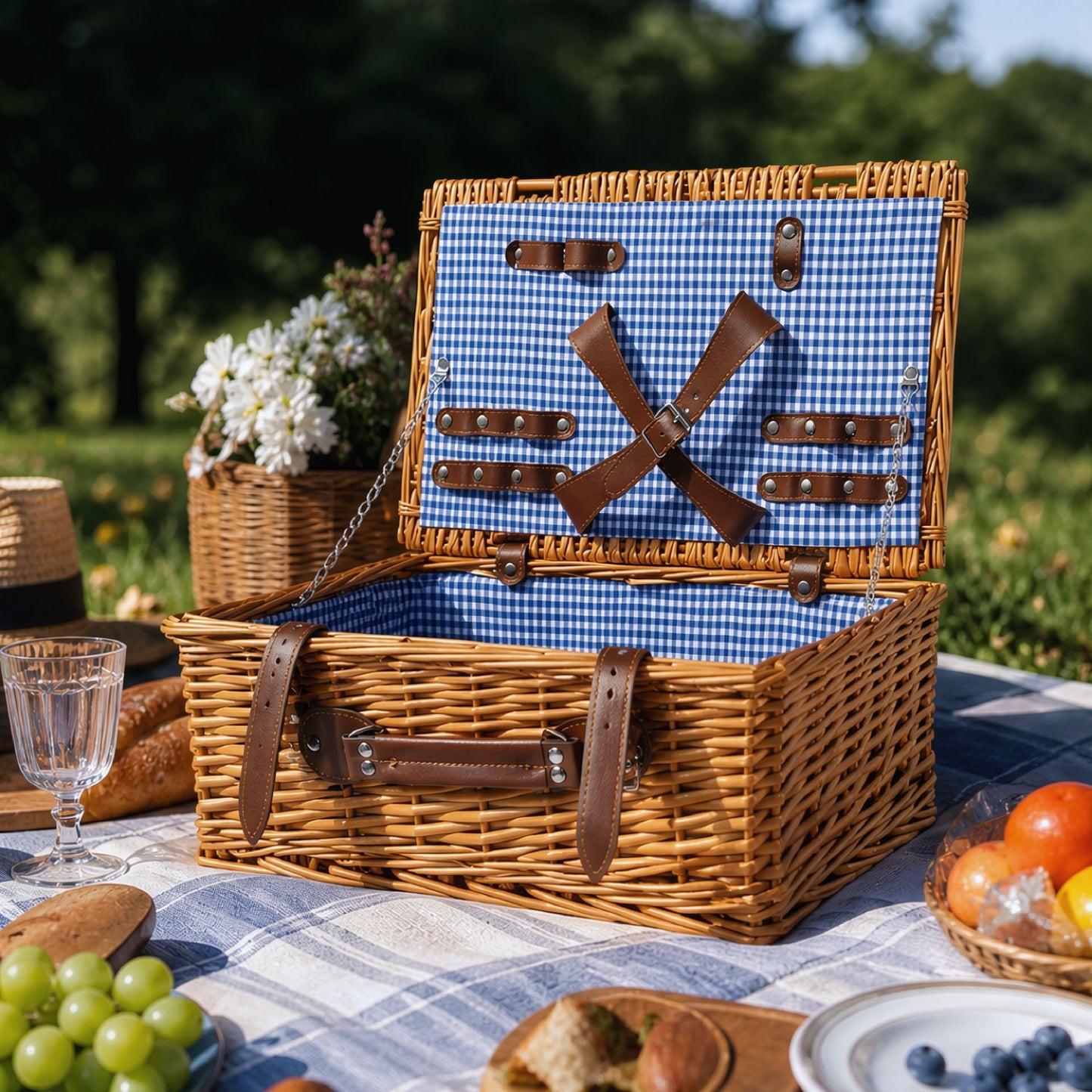 Damen Luxus Picknickkorb mit versetztem Geschirrfach und floralem Innenfutter Brehn