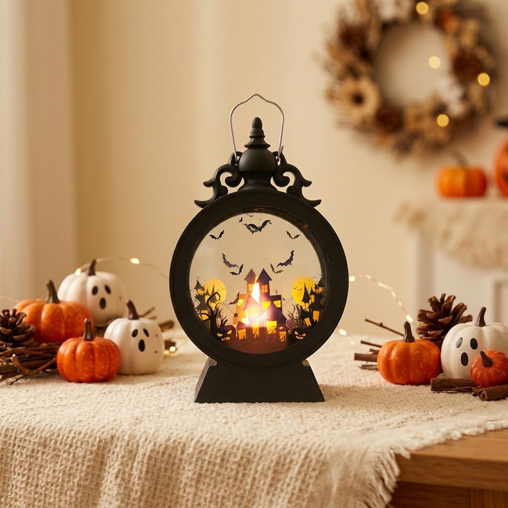 LED-Deko-Tischlaterne mit Halloween-Silhouetten und warmweißem Leuchten