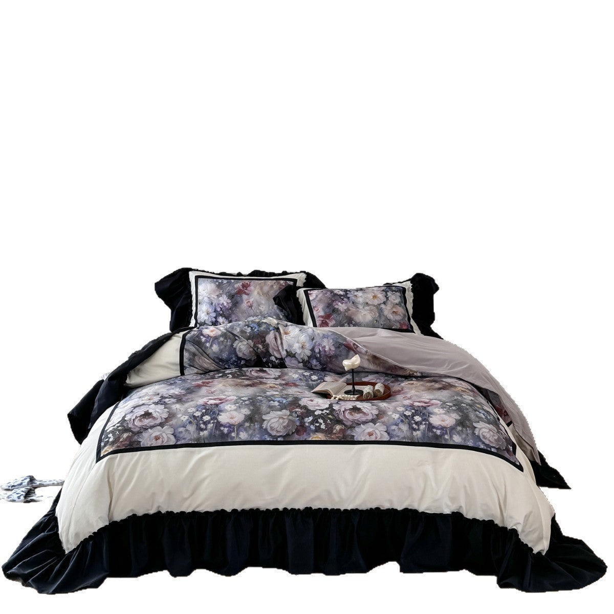 Romantisches Satin-Feel Floral Wende-Rüschende Bettbezug-Set