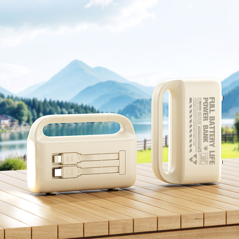 Tragbare Powerbank mit ergonomischem Griff und integrierten Ladeanschlüssen Brehn