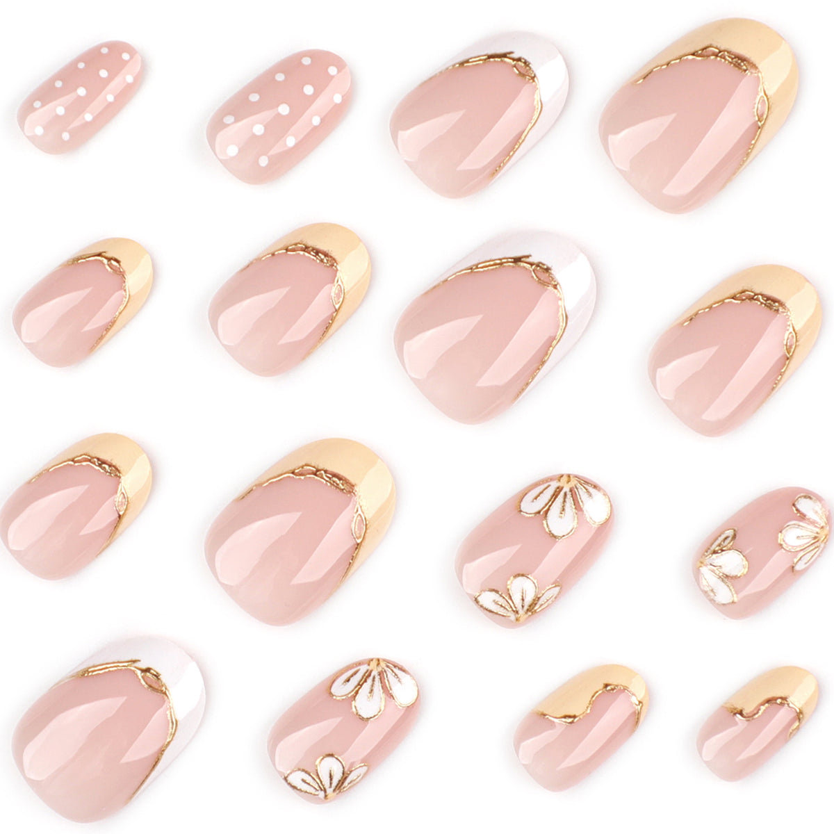 Kunstvolle Nagelverlängerungen mit floralem Design und eleganten Goldakzenten Brehn