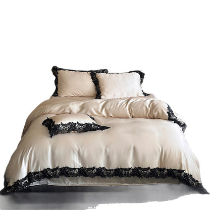 Luxe Satin Bett-Ensemble mit aufwendiger Spitzenapplikation und Euro-Kissenbezug