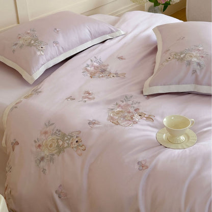 Bestickte Satin-Feel Bettbezug- und Kissenbezug-Set mit floralem Hase Applikation