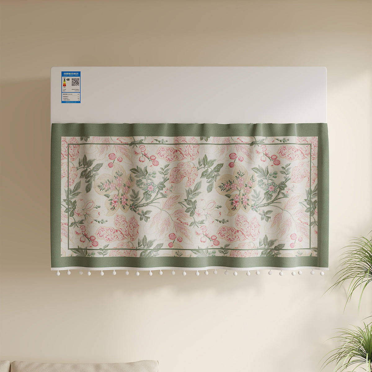 Decorative Air Conditioner Top Dust Cover Curtain with Botanical Bird Print and Pom-Pom Trim