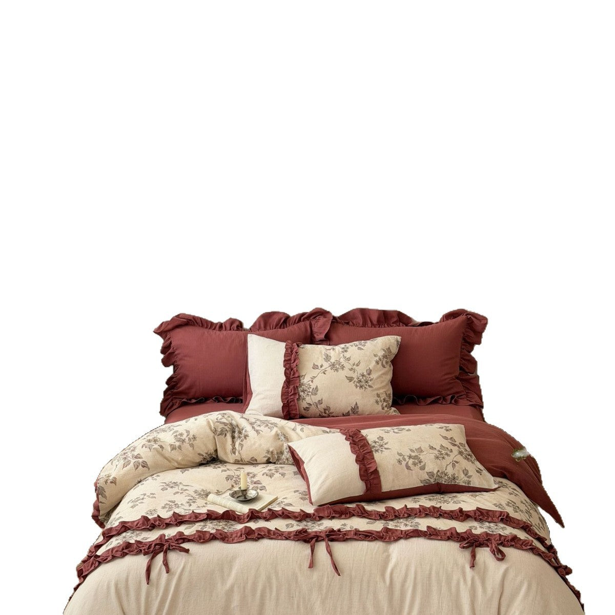 Bettwäsche-Garnitur aus Baumwoll-Leinen-Mix mit Rüschen, Bindeschlaufen und botanischem Print