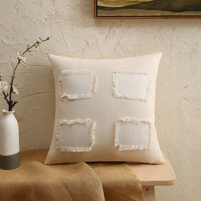 Fringed Patchwork Leinen-Mischung Quadrat Dekorative Wurfkissenbezug