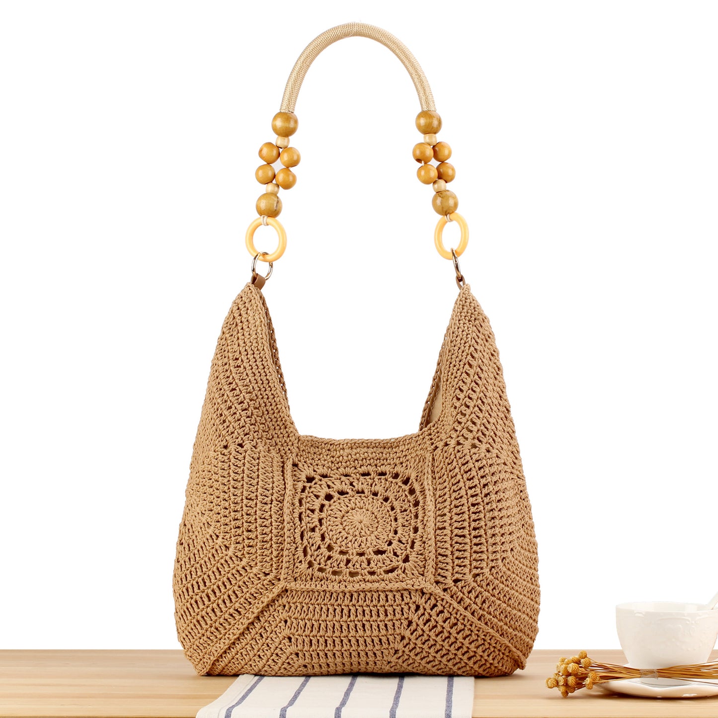 Handtasche Aus Handgeknüpftem Naturmaterial mit Stilvollen Holzgriffen Brehn