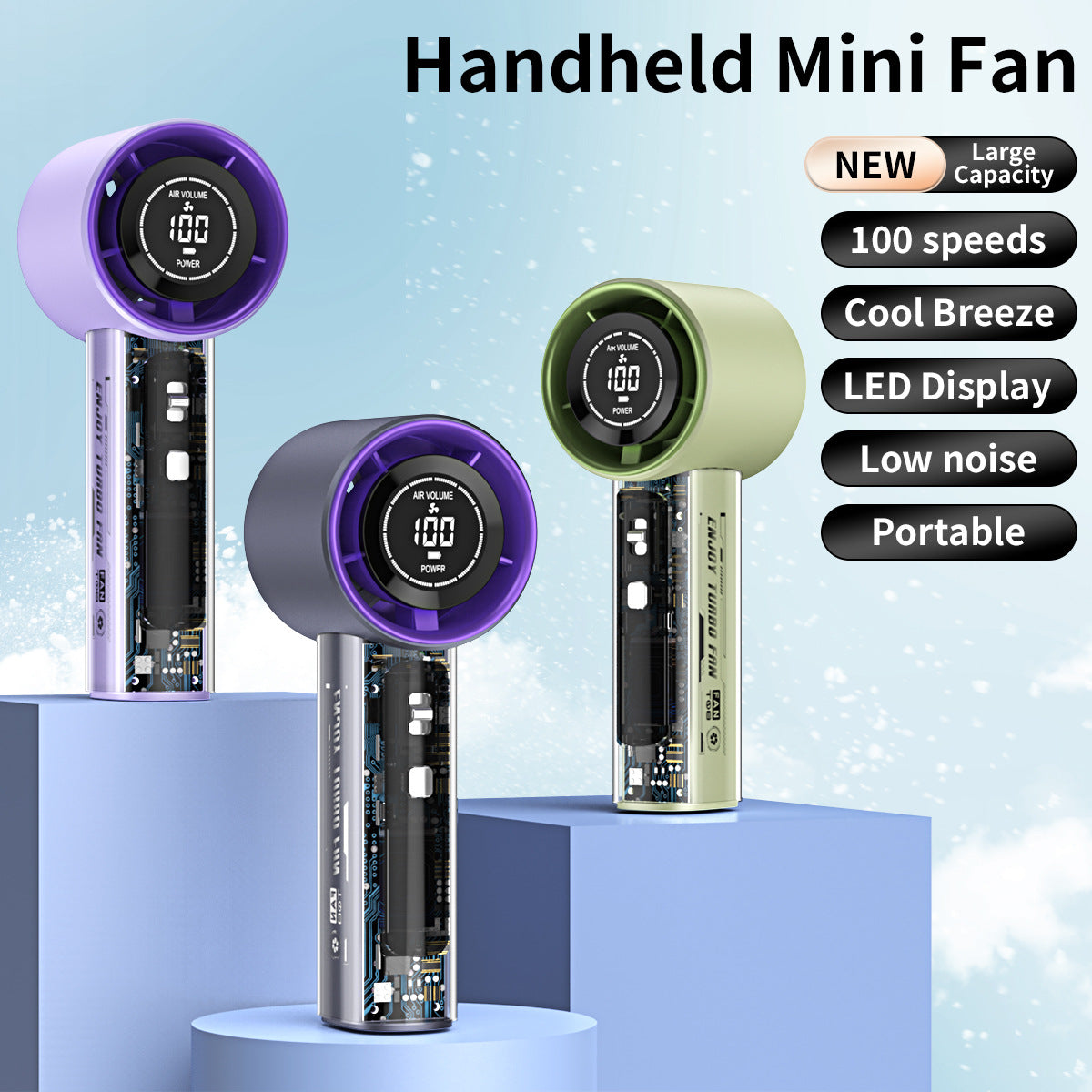 Unisex nan kompakter Mini-Handventilator mit LED-Anzeige, stufenloser Geschwindigkeitsregelung und geräuscharmem Motor Brehn