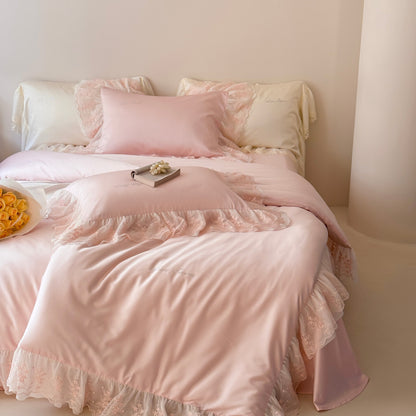 Luxuriöses Satin Rüschkissenbezug-Set mit Spitzenrand
