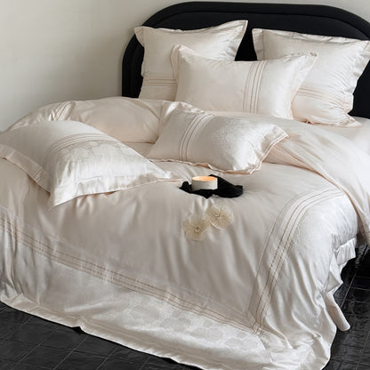 Luxuriöser Jacquard-Satin Bettbezug Set mit besticktem floralen Besatz