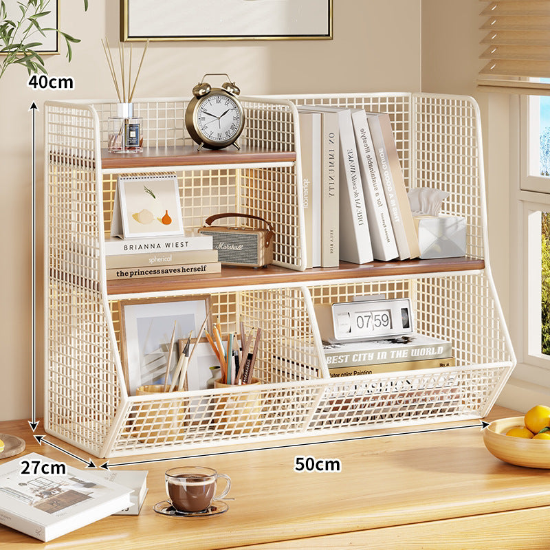 Doppel-Tier-Mesh-Metall-Schreibtisch-Organizer mit Holzregalen