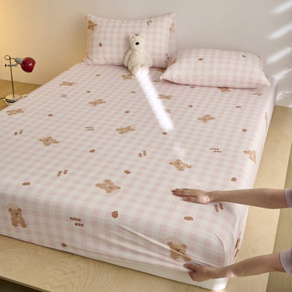 Spannbettlaken- und Kissenbezug-Set für Kinder aus weichem Baumwoll-Jersey mit Karomuster und Teddy-Print