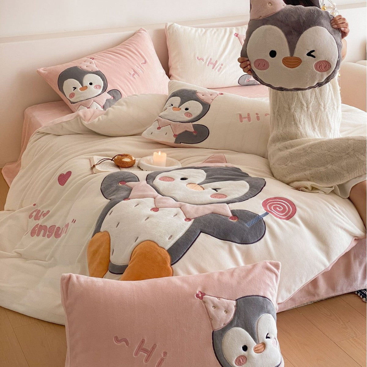 Niedliches Plüsch Applikation Pinguin Bettbezug Set mit gesteppten Kissenbezügen